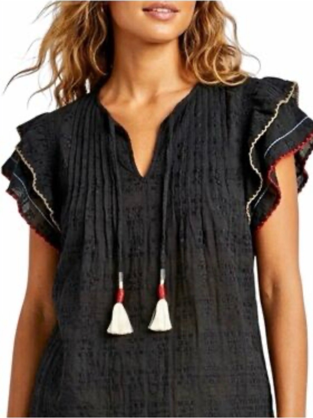 Acos&A Black Glen Check Tassel Peasant Blouse NWOT Size Medium